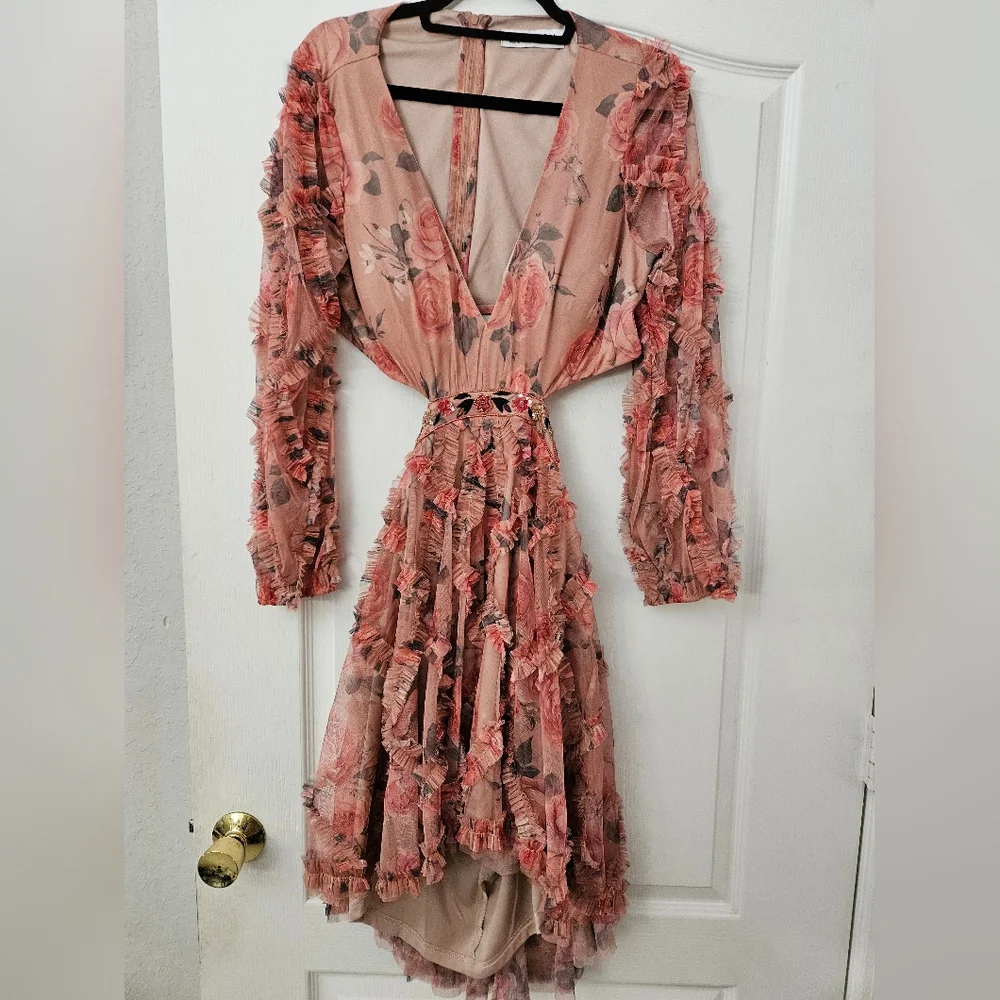 Mac Duggal Long Sleeve V Neck Cut Out Mesh Mini Dress SZ 12 NWT A9151 - Picture 2 of 11